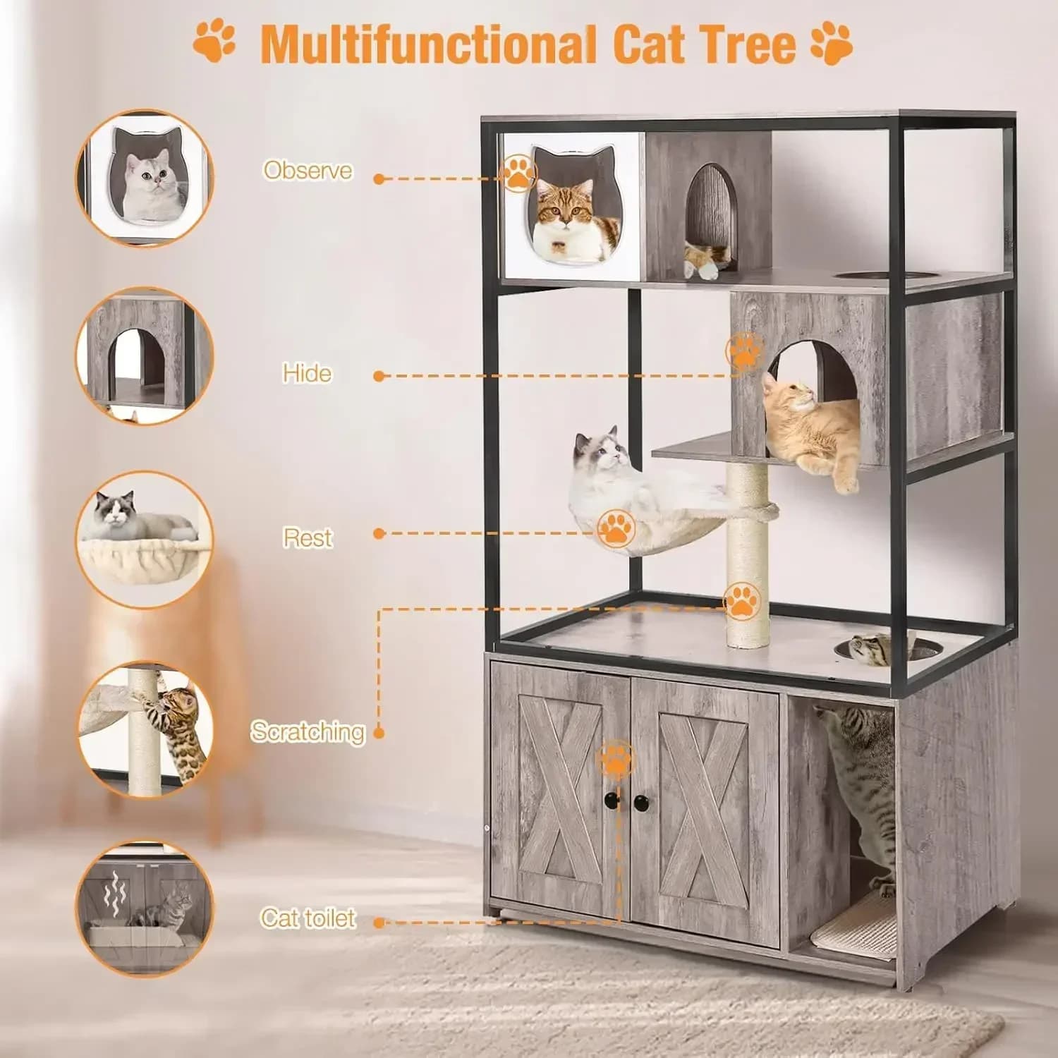 Spedizione Gratuita, Nuovi Arrivi! Mobiletto per lettiera per gatti, contenitore nascosto per lettiera con struttura in metallo, casetta in legno per gatti con box