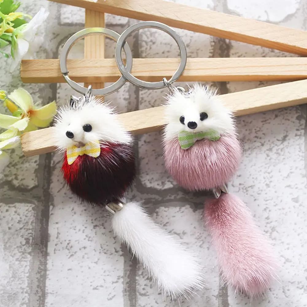 Portachiavi con Fiocco e Pompon in Pelliccia di Visone, Accessori per Borse e Zaini