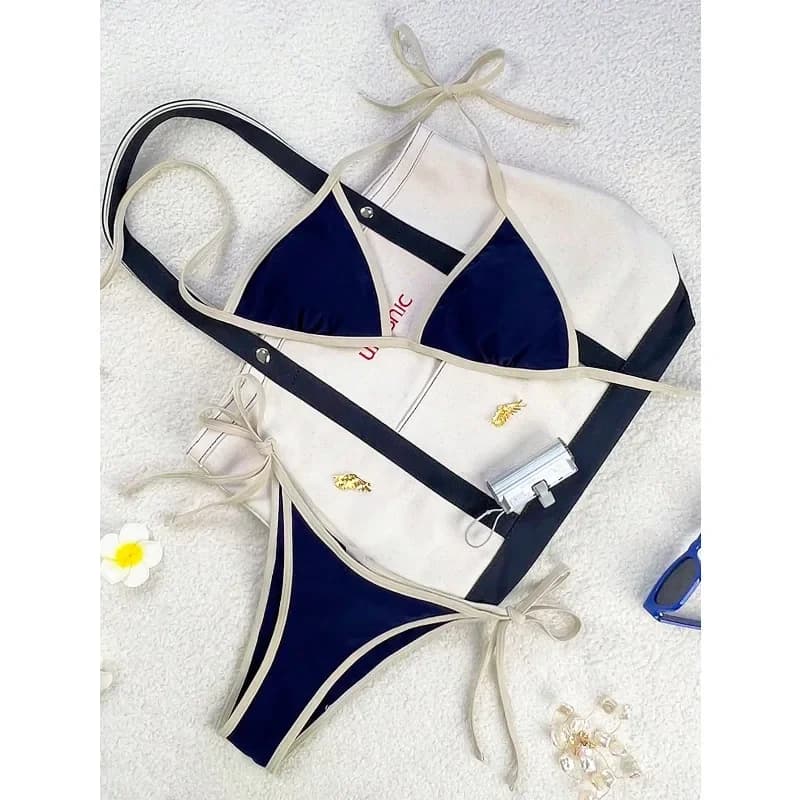Costume da bagno da donna primaverile ed estivo, modello sottile con bretelle all'americana, sexy bikini a perizoma con lacci laterali in stile resort.