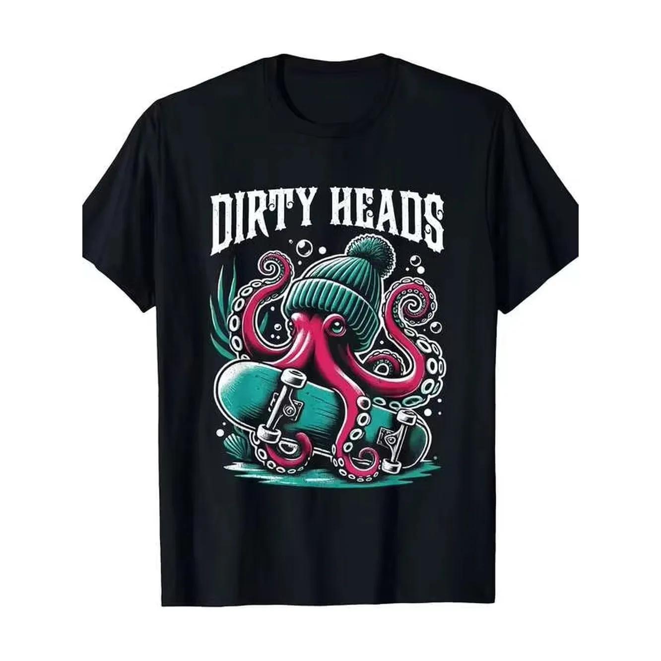 Men's Vintage Dirty Heads Graphic T-Shirt - Black Retro Octopus Skateboarding & Squidg Logo Design With Beanie & Skateboard Art, Bold White Lettering, Casual Short Sleeve Round Neck Tee For Men, All-Season Wear, Skate Culture Apparel
