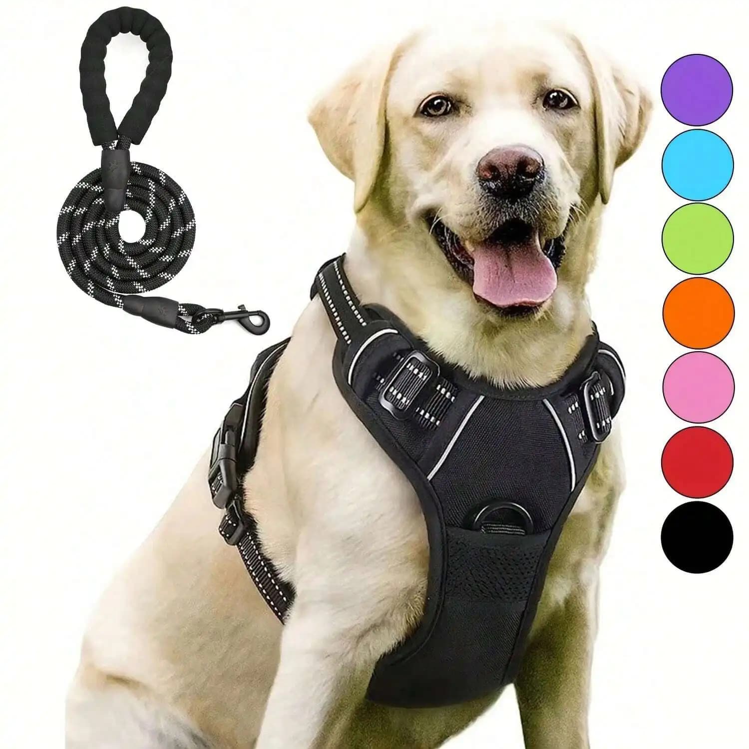 Imbracatura per cani regolabile anti-trazione con strisce riflettenti e doppi ganci per guinzaglio