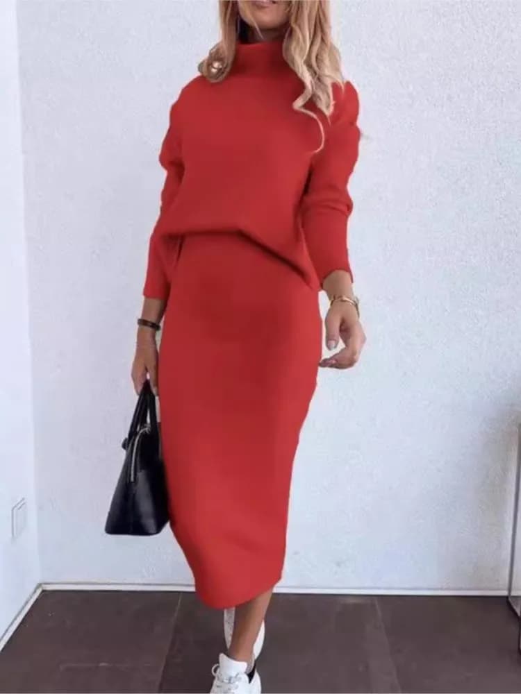 Casual Two Piece Set Women Outfit Autumn Winter Long Sleeve Turtle neck Sweatshirt & High Waist Skirt Sets Ladies Elegant Suit