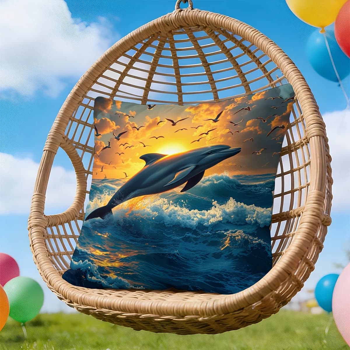 1pc 2D Flat (Pillow Not Included) Dolphin Jumping Sunset Ocean Cushion Cover Short Plush Marine Life Decor Throw Pillow Case