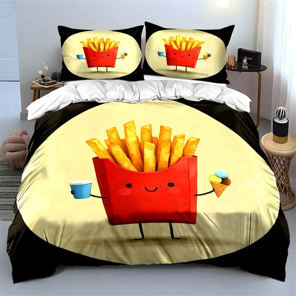 Set di biancheria da letto con copripiumino morbido e confortevole, decorazione a tema patatine fritte e gelato, include 1 copripiumino e 2 federe, idea regalo