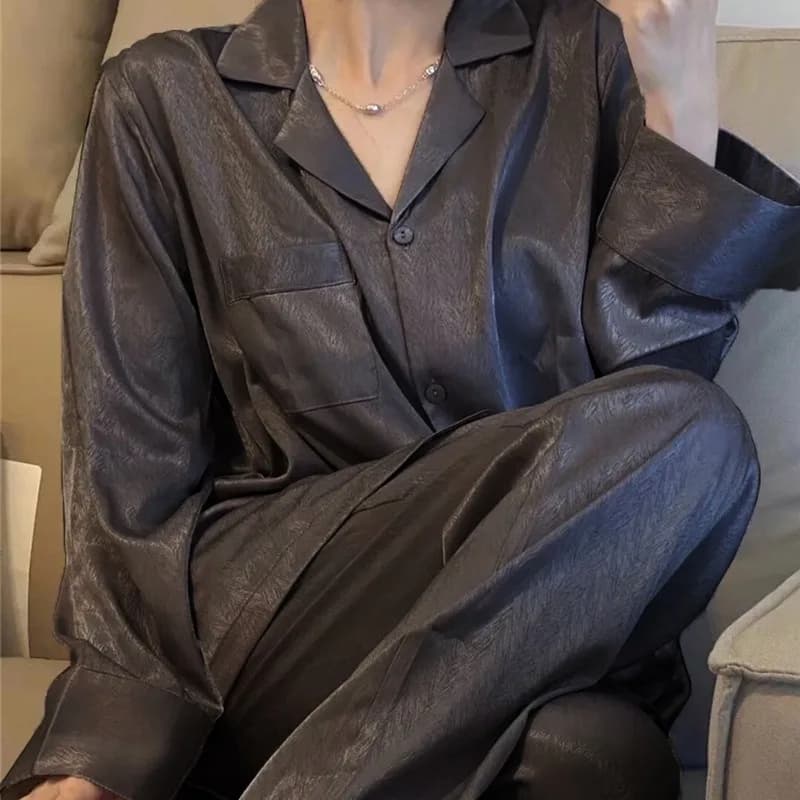 Adult Ice Silk Long Sleeve Long Pants Pajamas Women Solid Color Two-Piece Set Girls High-Quality Homewear Student Loose-Fit Set