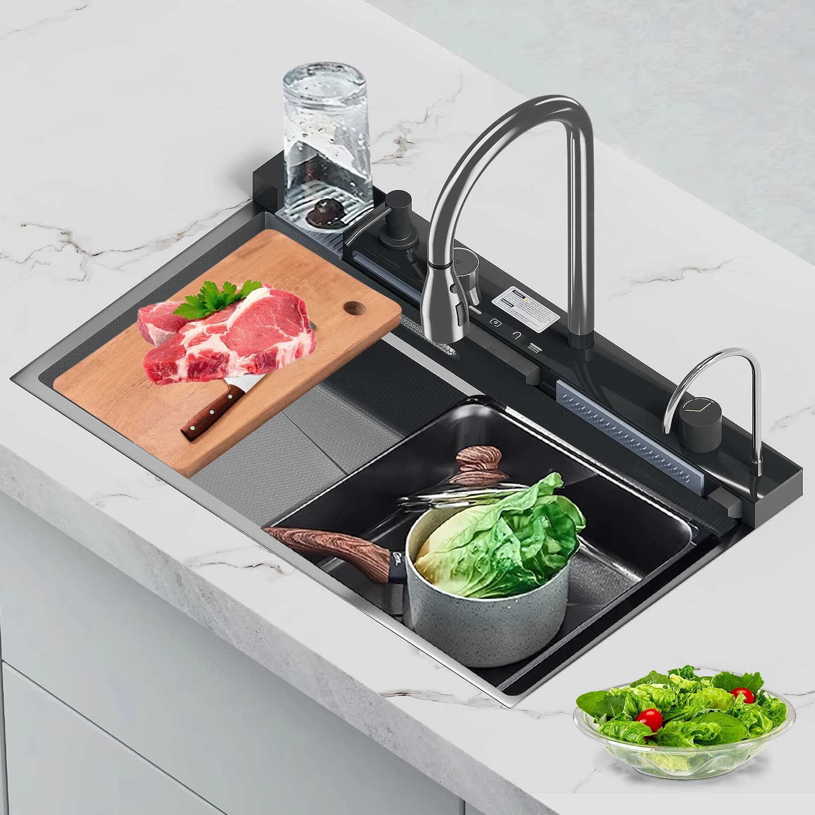 75X45cm Stainless Steel Waterfall Kitchen Sink Large Single Slot with Soap Dispenser Pure Water Outlet Cup Washer