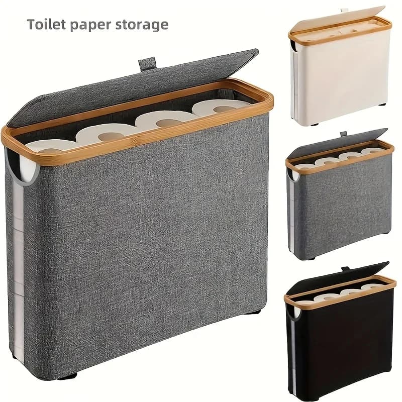 Foldable Toilet Paper Holder with Lid Large Capacity Space-Saving Bathroom Organizer Durable Wood Frame Gray Fabric Finish