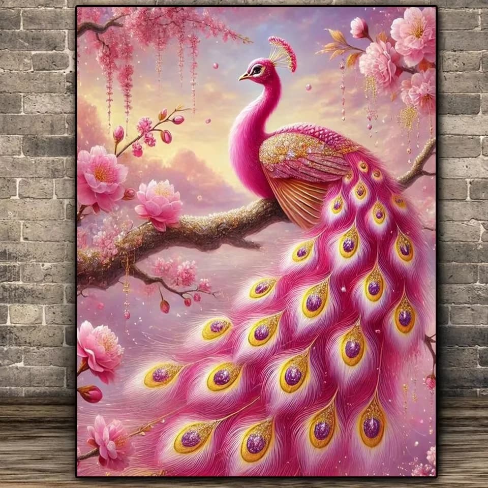 1 Pezzo Pittura Diamante Fai da Te Senza Cornice, Mosaico Completo con Strass, Paesaggio con Pavone Rosa e Uccelli, Decorazione Domestica H