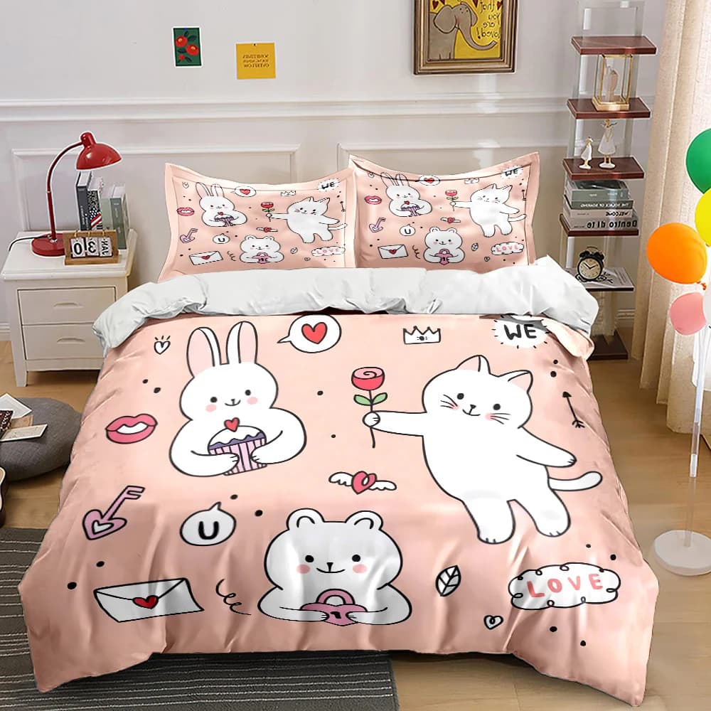 3PC Cute bunnies and love elements Print Bedding Set 1 Duvet Cover 2 Pillowcases for Adult and Children Luxury Gift Full Size