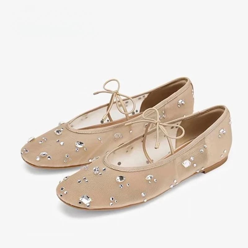Scarpe Mary Jane con lacci alla moda, eleganti ballerine da donna con strass di cristallo, mocassini a punta tonda in rete, sandali mules da donna