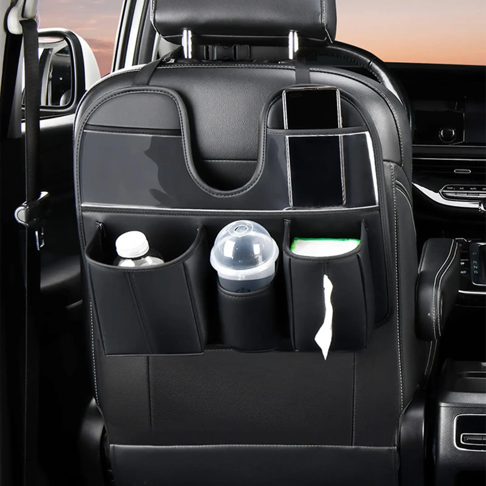 Organizzatore per seggiolino auto in pelle di grandi dimensioni con portabicchieri per tablet Organizer per schienale del sedile Accessori per auto per bottiglia d'acqua per SUV RV camion berlina
