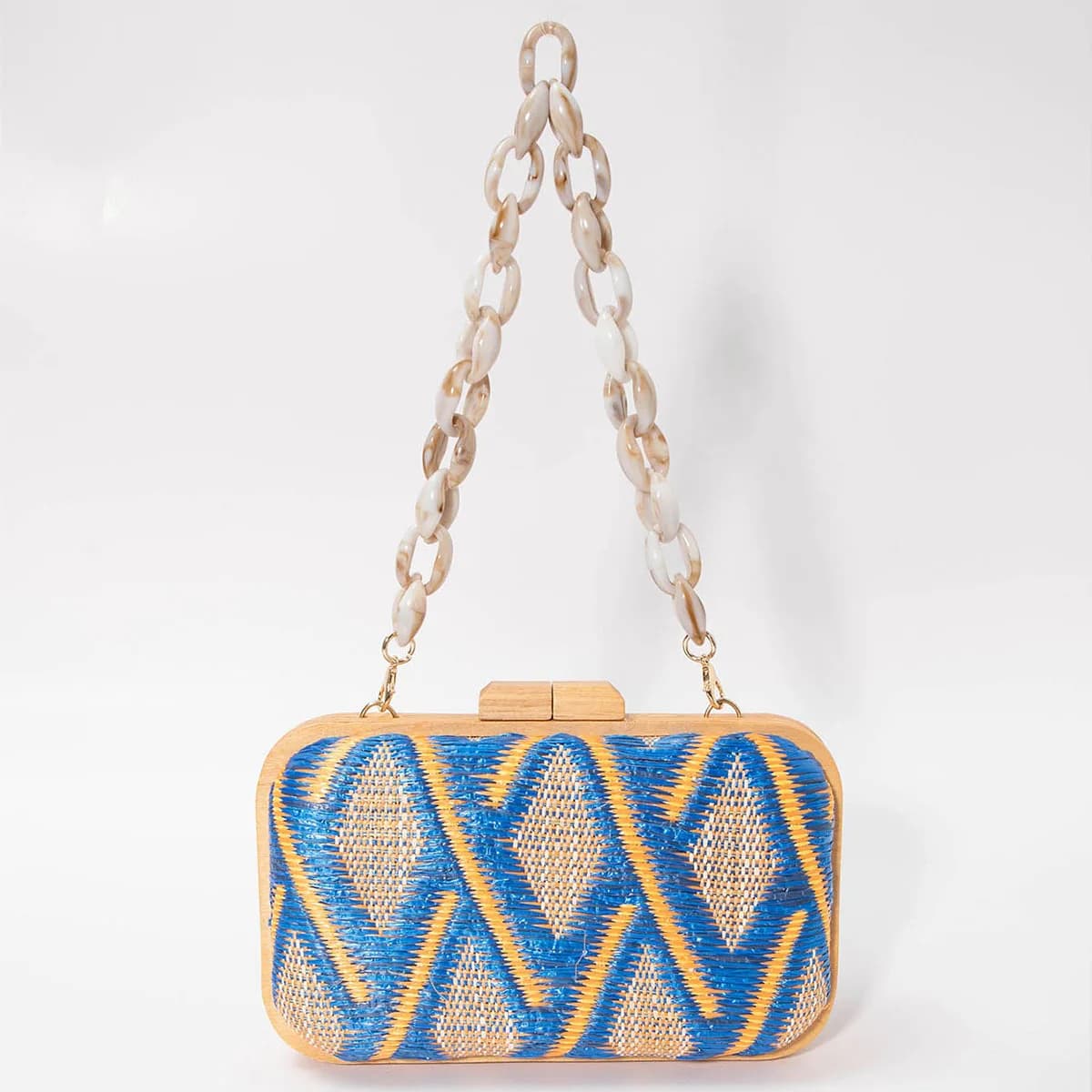 Pochette con clip in legno alla moda per donna Catene acriliche Borse a tracolla da donna Borse con motivi geometrici Borse da festa estive in spiaggia