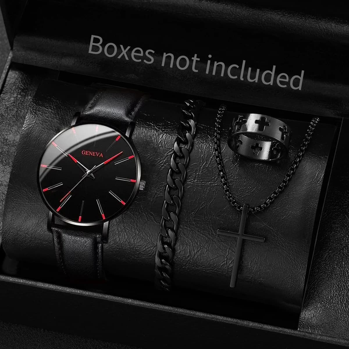 4 pcs fashion dial ultra-thin businessman's watches jewelry set casual leather strap quartz watch Reloj Hombre (without box)