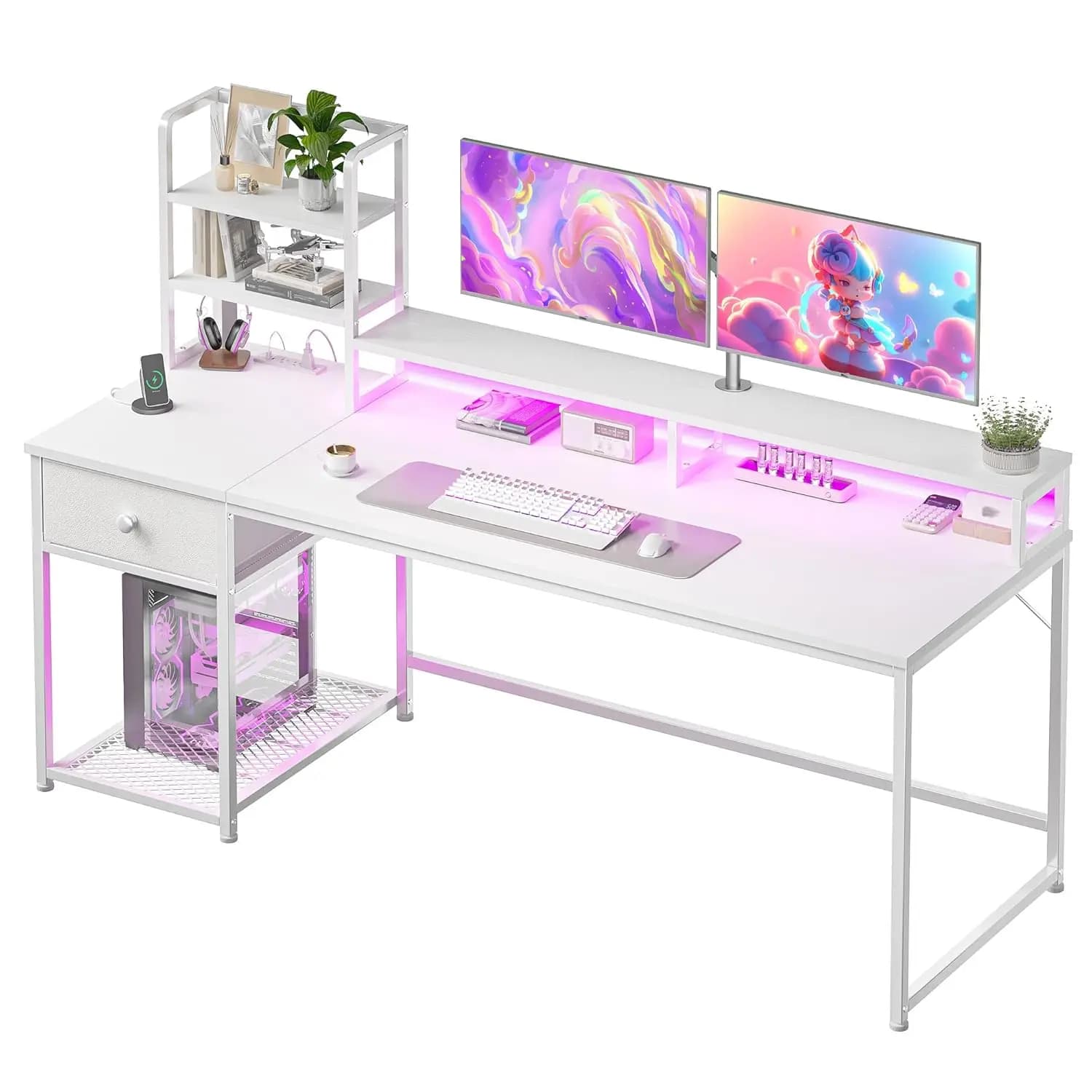 Scrivania per Computer Bianca da 55 Pollici con Cassetti e Mobiletto, Scrivania Reversibile per Ufficio Domestico con Ripiano per Monitor, Scrivanie da Gaming Personalizzabili