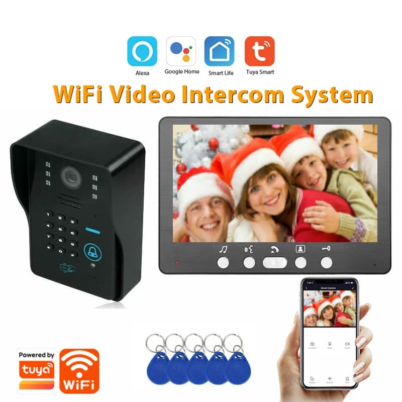 Videocitofono WIFI da 7 pollici per videocamera campanello a filo per appartamento 1080P con password e sblocco RFID Tuya
