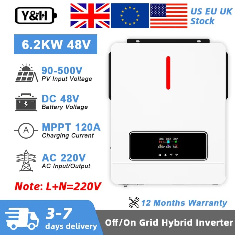Y&H 6.2KW Inverter solare ibrido 48VDC 220VAC On/Off-grid Inverter solare Doppia uscita CA MPPT 120A Caricatore solare Max PV 500V