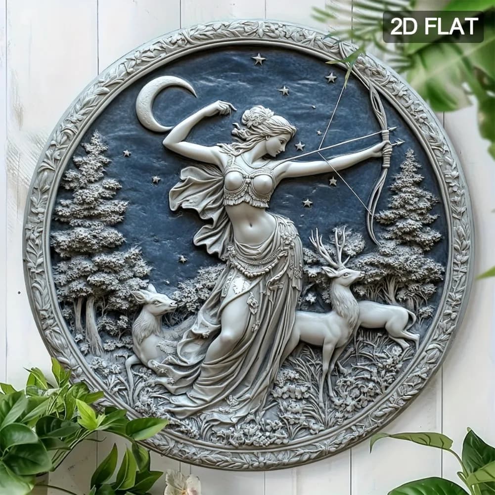 2D Flat - 1pc 2D Flat Artemis Goddess Moon & Deer Wall Art in alluminio - Placca metallica rotonda da 7,8x7,8 pollici, impermeabile e antipolvere