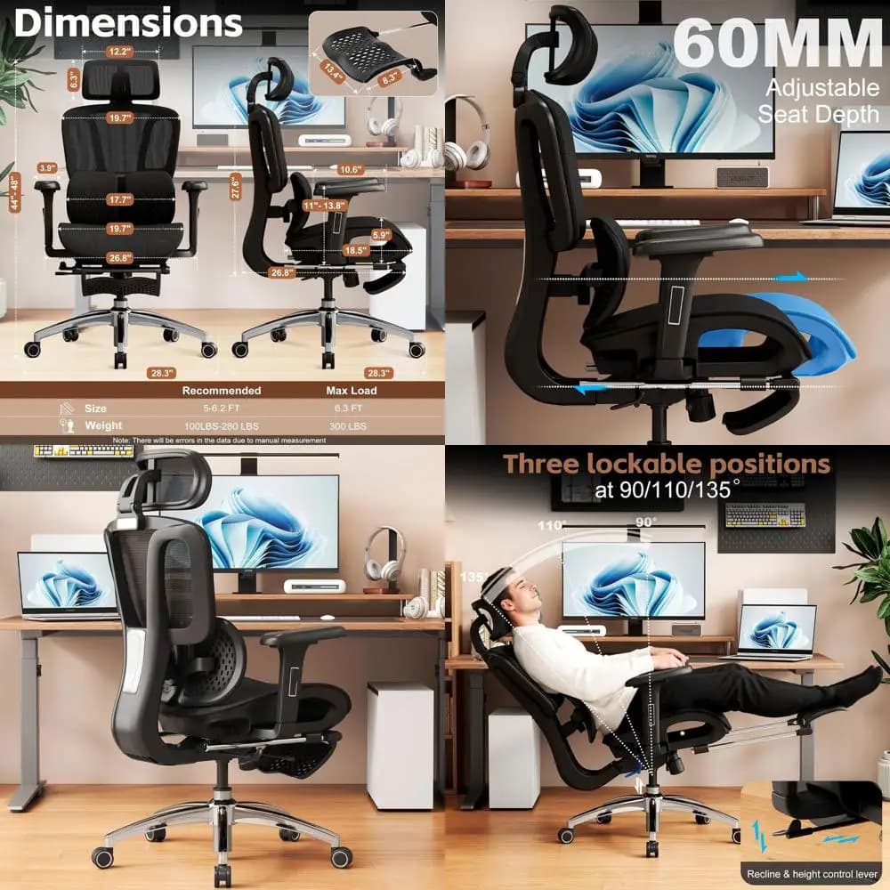 Sedia da ufficio ergonomica con poggiapiedi, braccioli 3D regolabili e sedile in rete traspirante per il gaming (Nero)