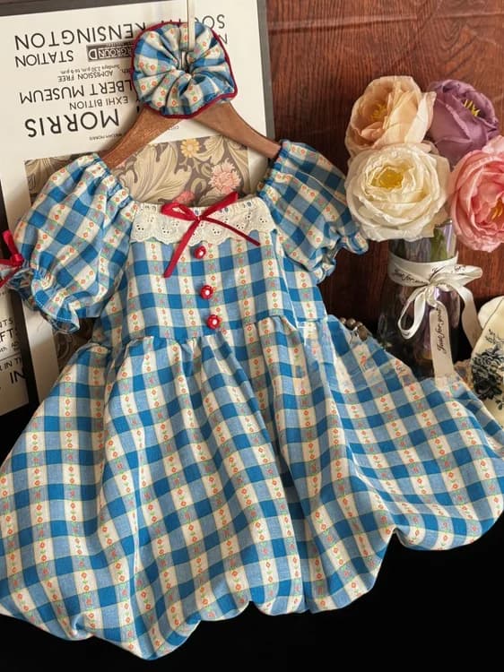 Abito estivo a quadri per bambina, abito da principessa a maniche corte, gonna a quadretti alla moda, abbigliamento per bambini, abito in cotone leggero