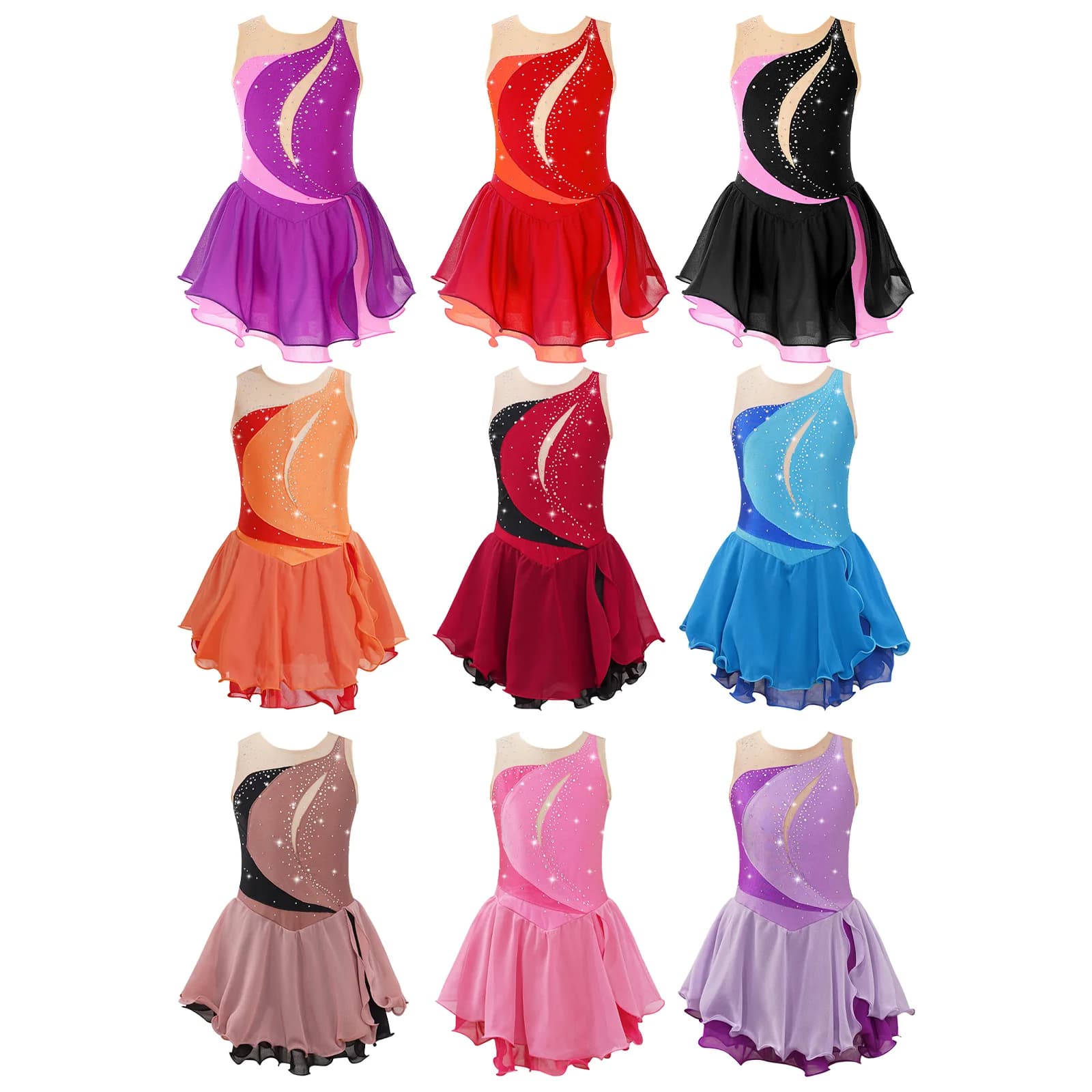 Vestito da pattinaggio di figura per bambina, danza lirica, balletto, ginnastica, costume, senza maniche, con strass lucidi, body in rete trasparente