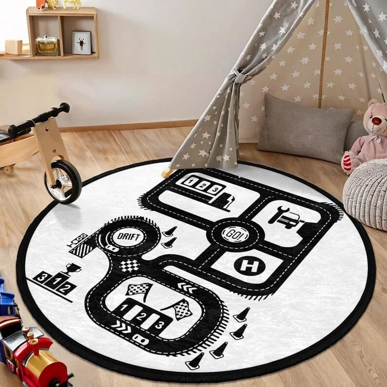Minimalist Black White Round Play Mat Racing Track Game Carpet Non Slip Floor Rug for Bedroom Playroom Toy Car Activity Decor