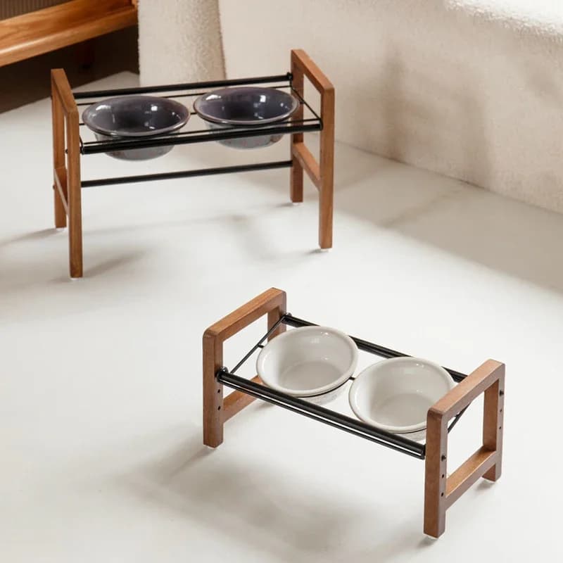 Elevated Ceramic Double Pet Bowls with Wooden Stand – Height Adjustable, Anti-Slip, Raised Food Water Feeder for Cats and Dogs