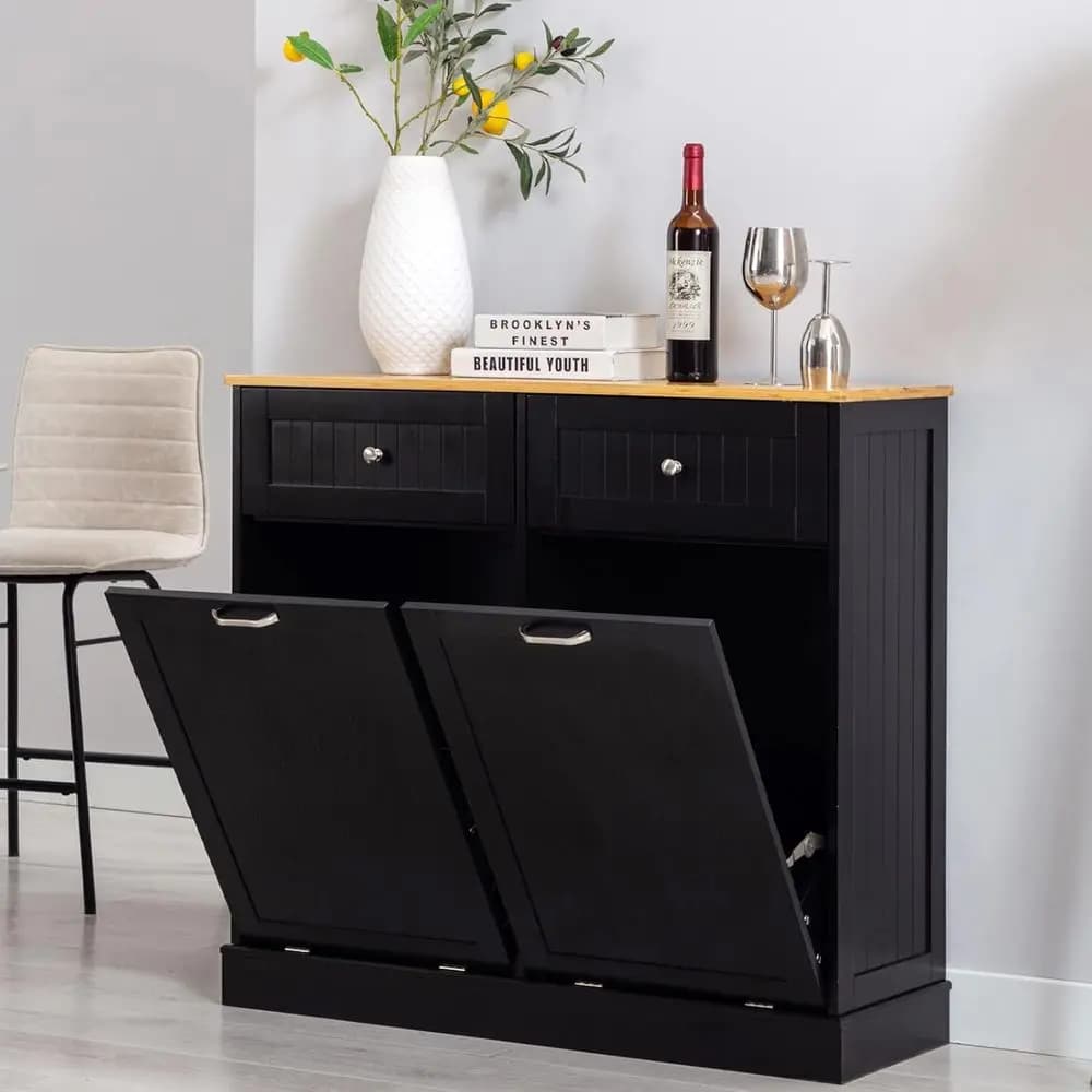 Cestino per Rifiuti e Riciclaggio da Cucina in Legno da 20 Galloni, Autoportante con Cassetto, Tagliere Rimovibile, Coperchio Anti-Cane, Nero
