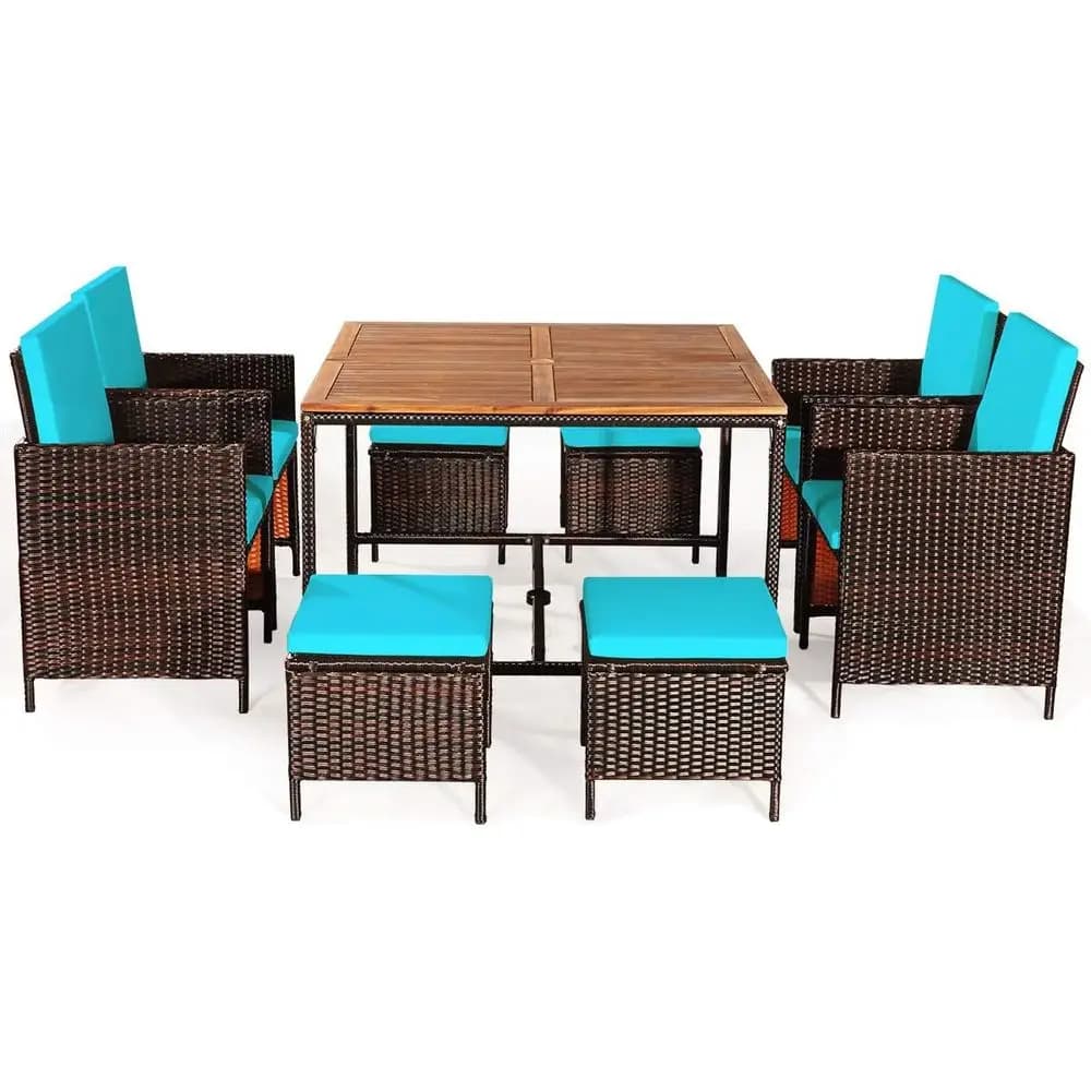 9-piece acacia outdoor dining set with pillows, wicker chairs and backyard ottoman, garden or poolside