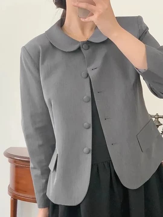 Giacca da donna versatile in stile coreano, sottile, alla moda, con colletto a bambola, con bottone singolo, a maniche lunghe, in fibra di poliestere