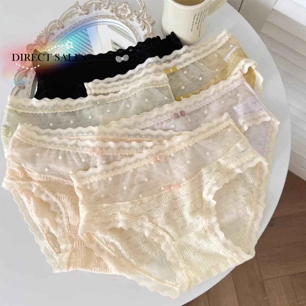 Slip estivi a vita media in pizzo senza cuciture, trasparenti con fiocco in rete, lingerie con fondo in cotone, intimo sottile in pizzo da ragazza