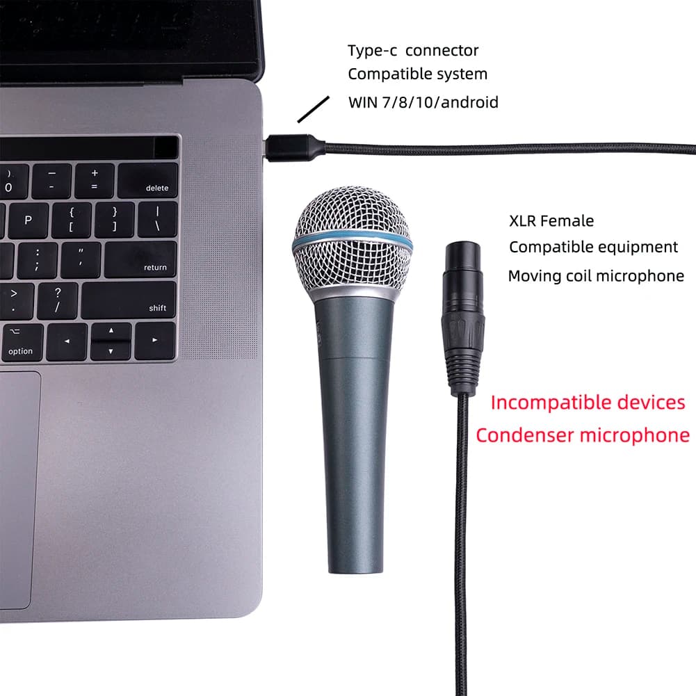 Cavo audio per microfono da USB C/Type-C a XLR a 3 pin, cavo adattatore da maschio a femmina
