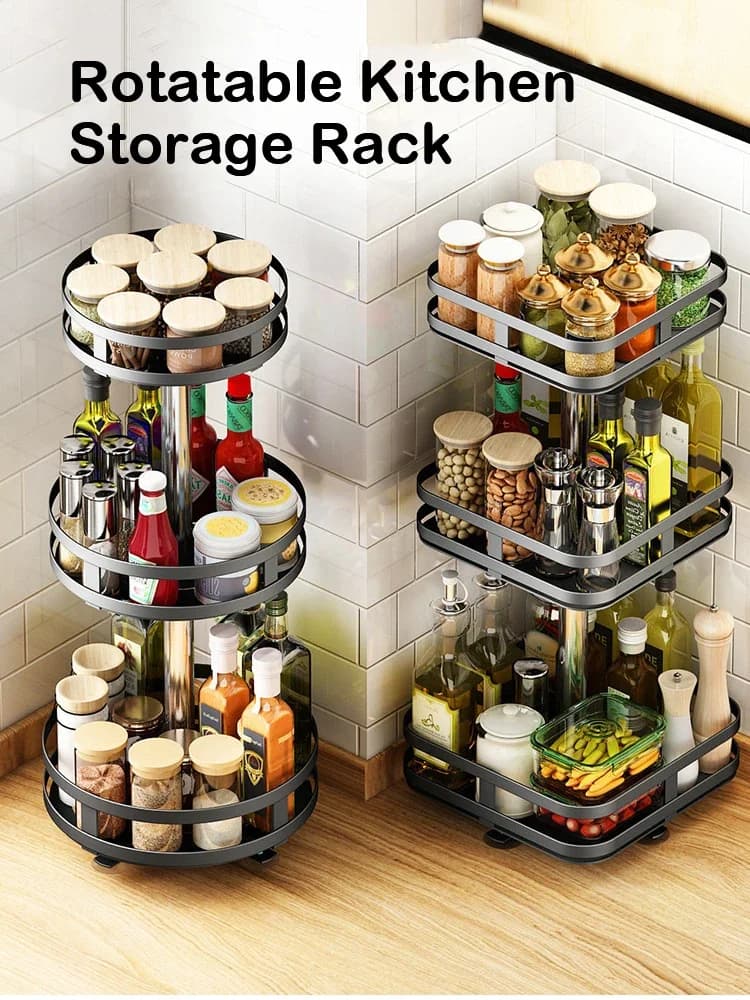 Organizzatore di stoccaggio del vassoio rotante a 3 strati da cucina multifunzione Set di contenitori per spezie in acciaio al carbonio Lattine per barattoli per accessori
