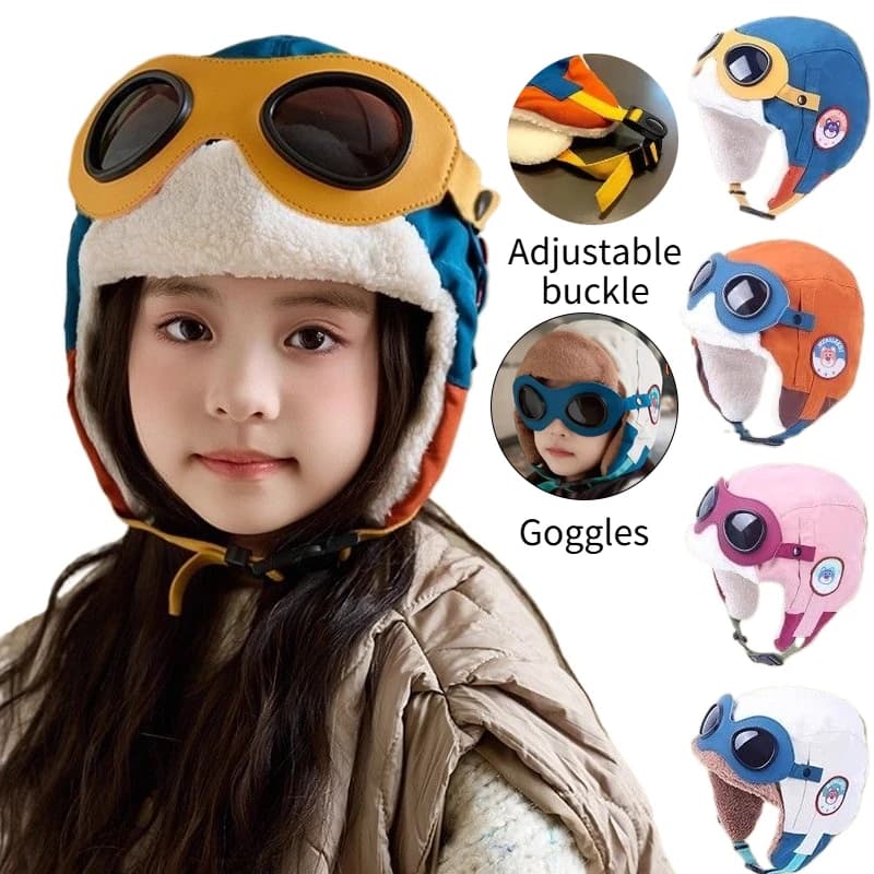 1 cappello invernale in peluche da pilota per bambini, occhiali staccabili, caldo, antivento, protezione per le orecchie, adatto per ciclismo, escursionismo, sci