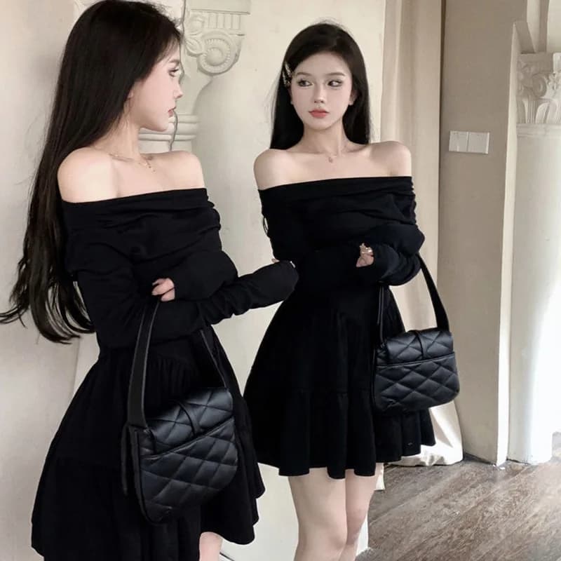 Sexy One-Shoulder Puffy Black Dress Women's High Waist A-Line Skirt Long Sleeve High Neck Polyester Fiber Autumn New Arrival