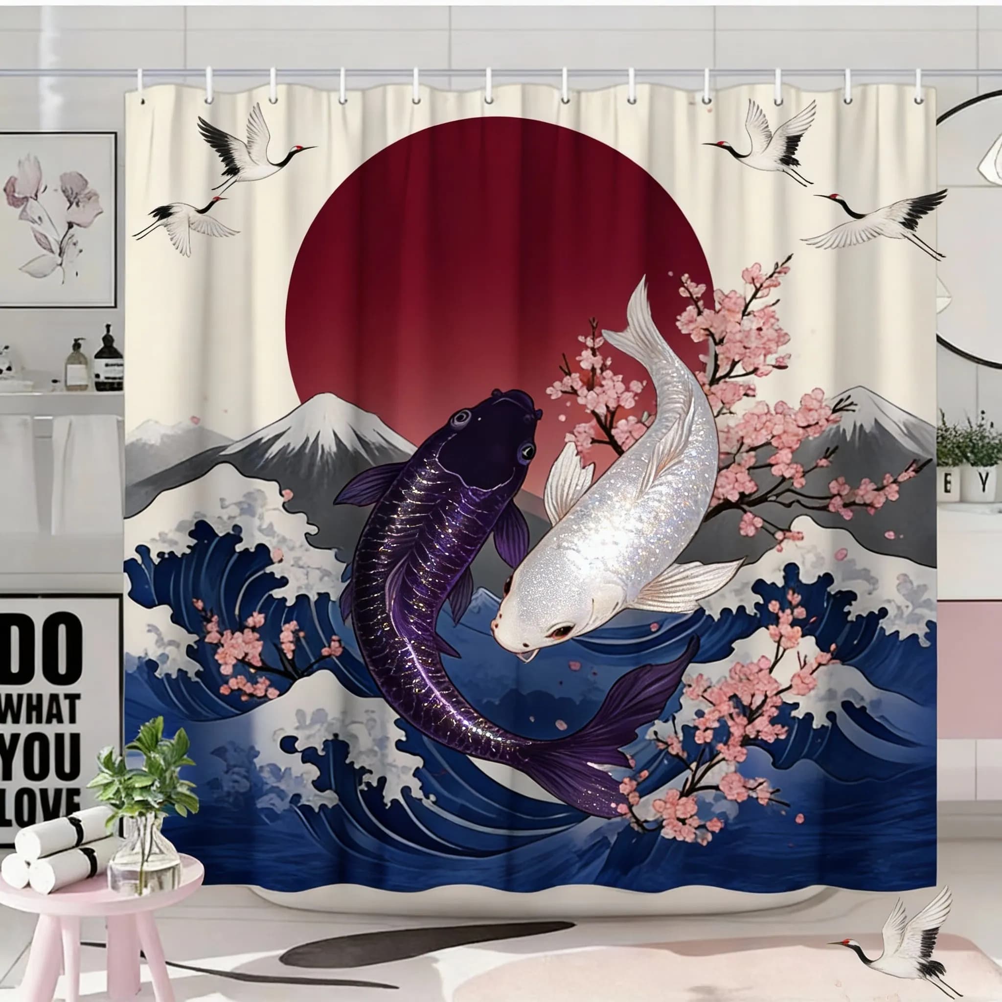 Tenda da doccia con motivo Koi Fish, in poliestere stampato, decorazione per la casa, tema artistico giapponese, design d'interni, stile elegante