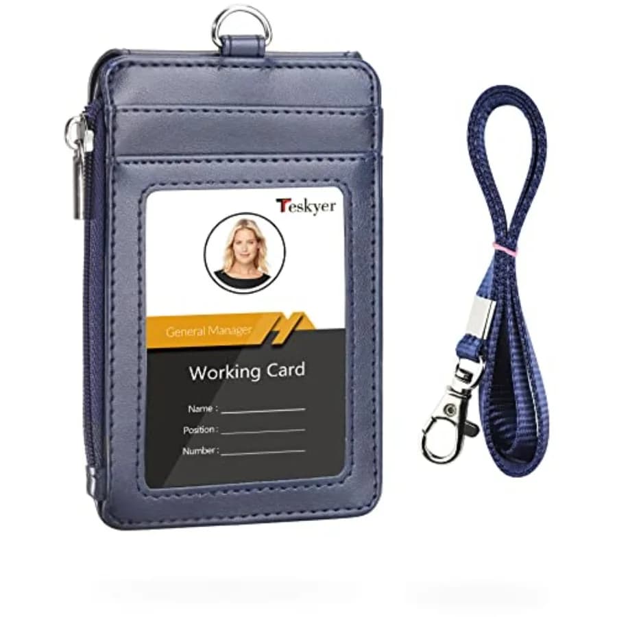 Badge Holder with Side Zip Pocket, Multiple Card Slots Leather ID Holder Wallet with Neck Lanyard for Office Staffs, Teachers/S