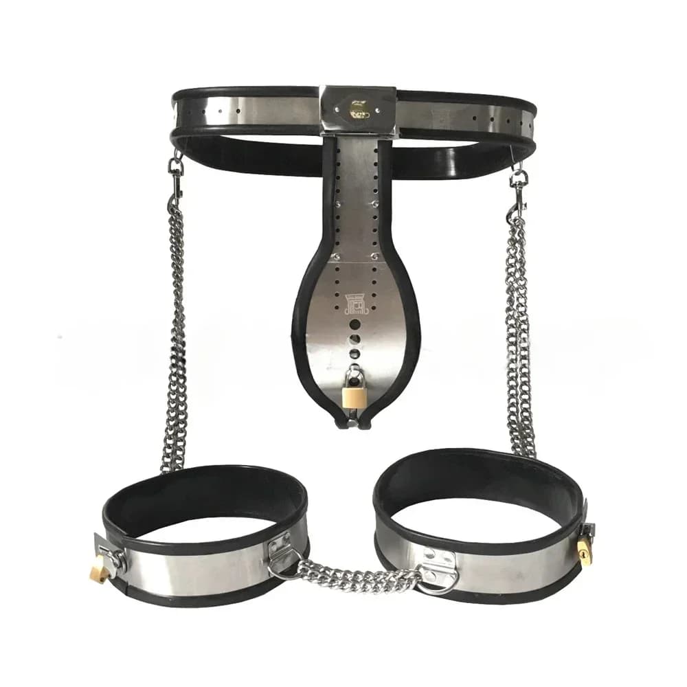 Cintura di castità maschile in acciaio inossidabile con polsini con chiusura a gabbia per cazzi Anelli per coscia Set di bondage BDSM per giocattoli sessuali per uomini adulti