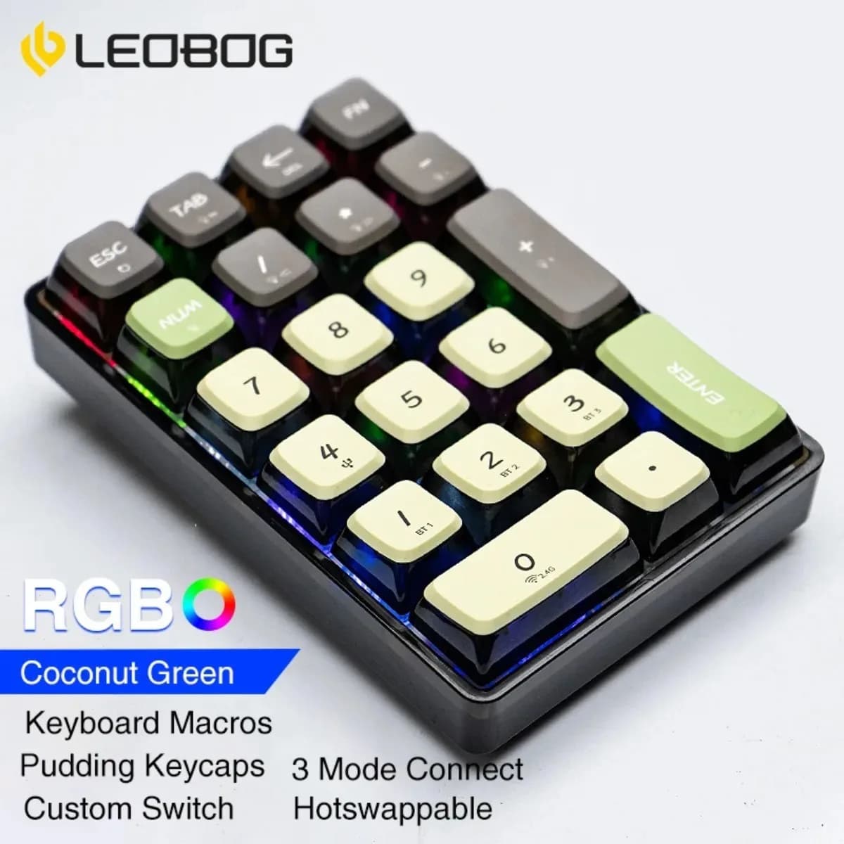Tastiera Numerica Wireless LEOBOG K21, 21 Tasti RGB, Connessione BT/2.4GHz/Type C, Hot Swappable, Design Trasparente