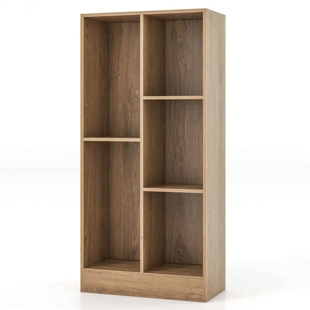 Bookcase with 5 cubes in natural wood, organizer to store books, corner shelf for living room.