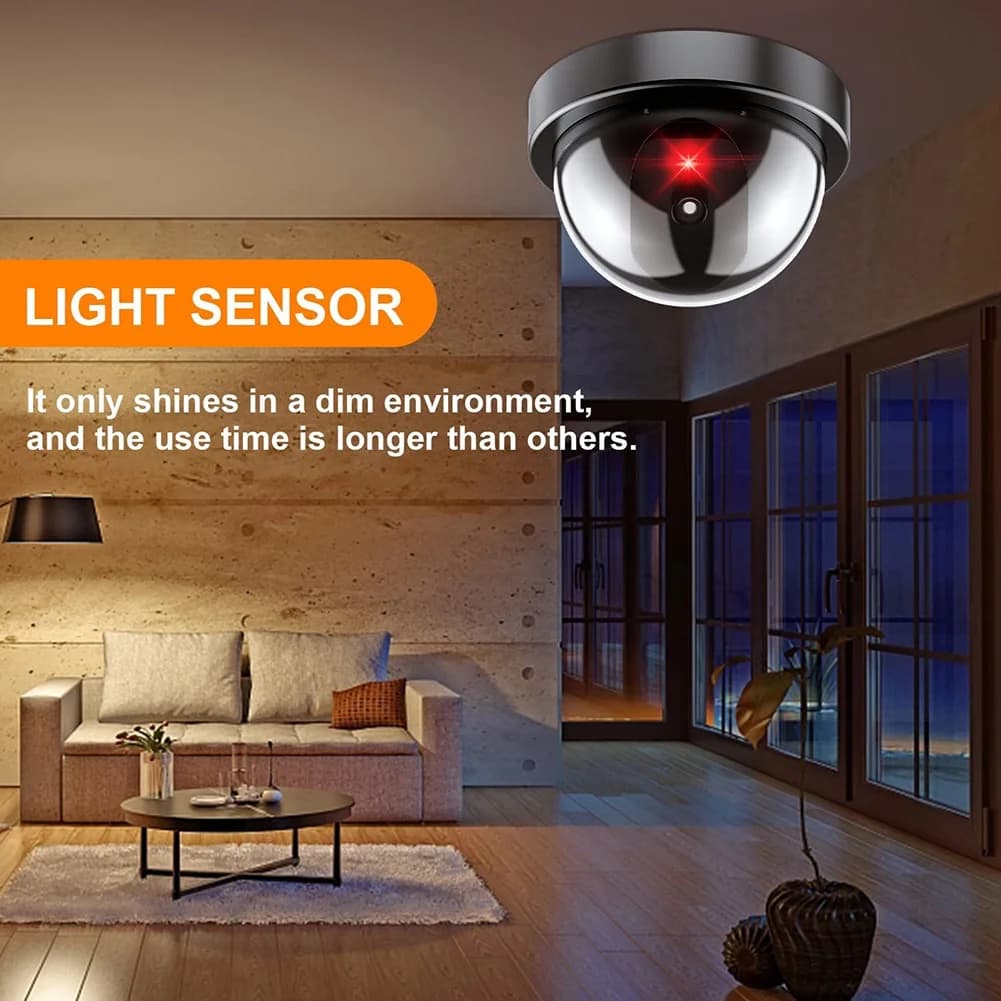 Telecamera di sicurezza fittizia A55T, telecamera finta con luce LED rossa, sistema di sorveglianza wireless realistico per la casa e l'esterno, confezione da 4