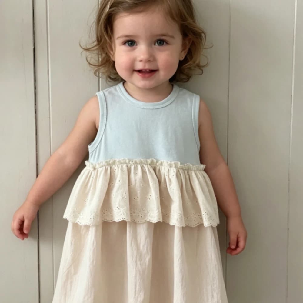 Vestito per Bambine Primavera-Estate 2026, Nuovo Abbigliamento per Bambini in Stile Coreano, Abito con Maniche in Pizzo e Vita a Contrasto