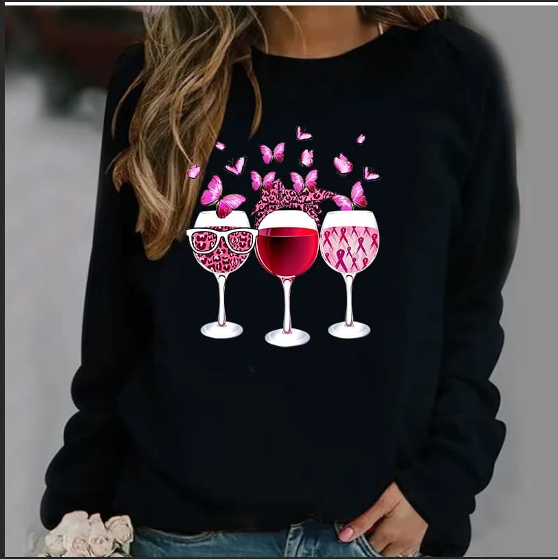 New Wine Glass Butterfly Print Pullover casual Camicetta da donna a maniche lunghe Felpa con cappuccio girocollo