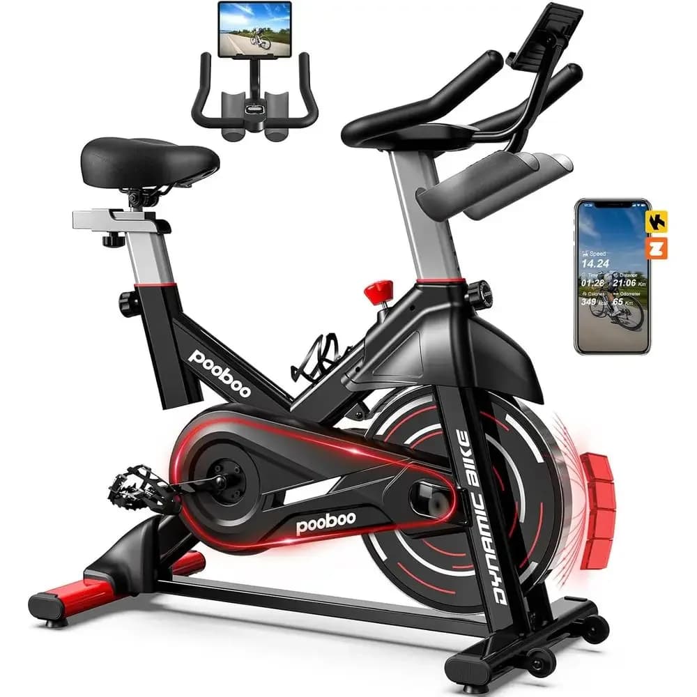 Indoor Cycling Bike with Adjustable Magnetic Resistance, 350LB Capacity, Large Seat, Tablet Holder, and App-Integrated Workouts