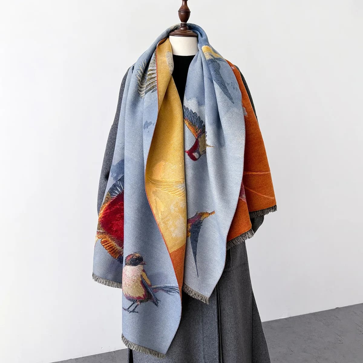 2025 Nuovo Inverno Uccello Stampa Sciarpa Lunga Donne Calde Sciarpe Hijab Morbido Cashmere Imitazione Grande Scialle Femminile a prova di Freddo Accessori