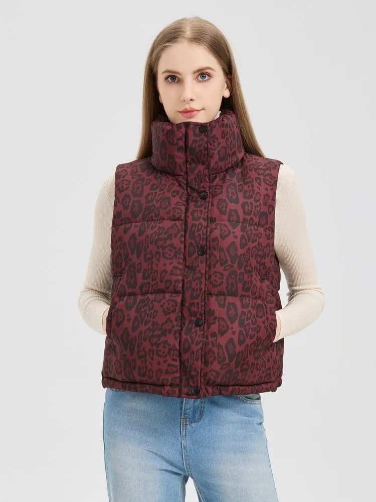 Autumn Winter New Style Women's Short Sleeveless Cotton Jacket Stand Collar down Cotton Vest Leopard Print Zipper Closure Vest