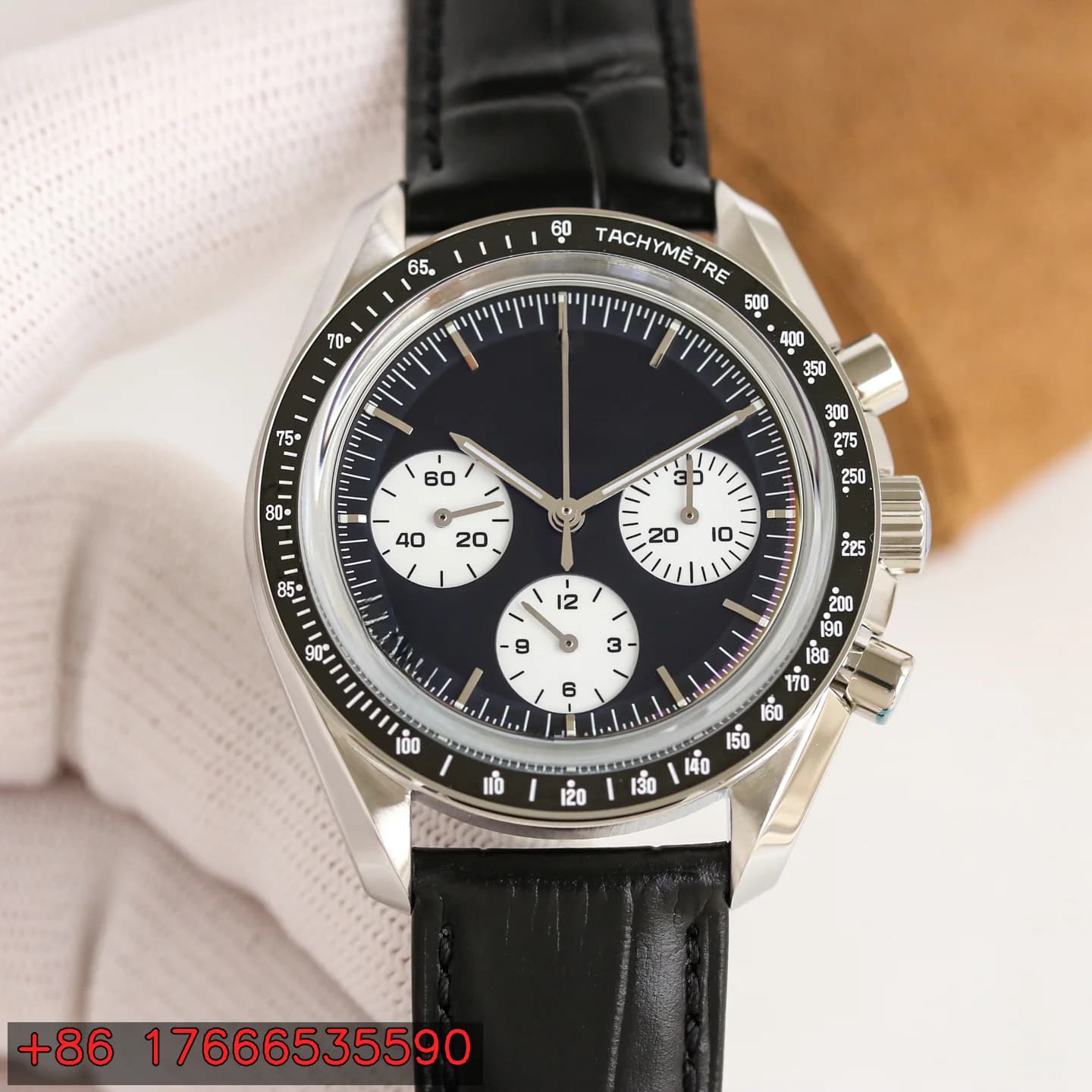 Orologio Cronografo Meccanico a Carica Manuale 42mm, Cinturino in Pelle, Acciaio Inossidabile, Vetro Zaffiro, Quadrante Nero Reverse Panda, Tachimetro Luminoso, Stile Lussuoso, Orologio da Polso da Uomo