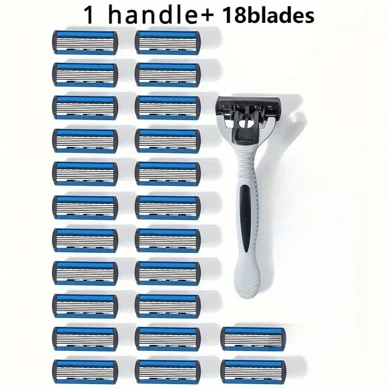 1‑Handle‑18‑Blades Men’s Manual Razor Kit, Stainless Steel Refill Cartridges, Reusable Beard Shaving Set