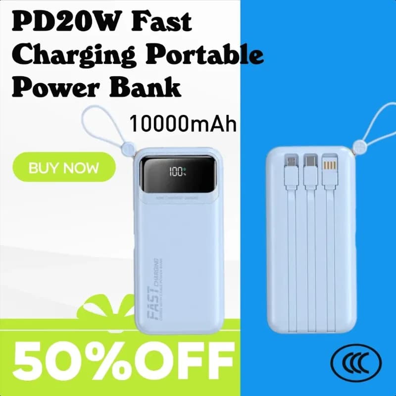 Power Bank portatile a ricarica rapida PD20W con batteria e cavo integrati da 10000 mAh