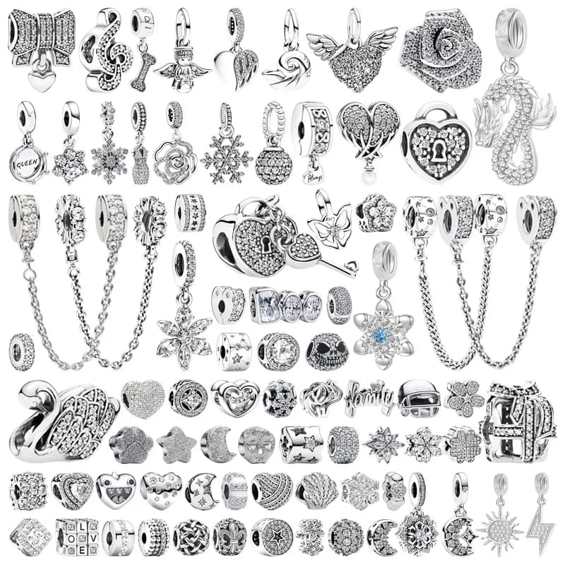 Ciondoli in Argento 925 con Zirconi Pavé per Bracciali Fai da Te, Creazione Gioielli, Drago, Cigno, Cuore, Fiocco di Neve, Lucchetto, Catena di Sicurezza, Ciondolo, Perline, Regalo Donna