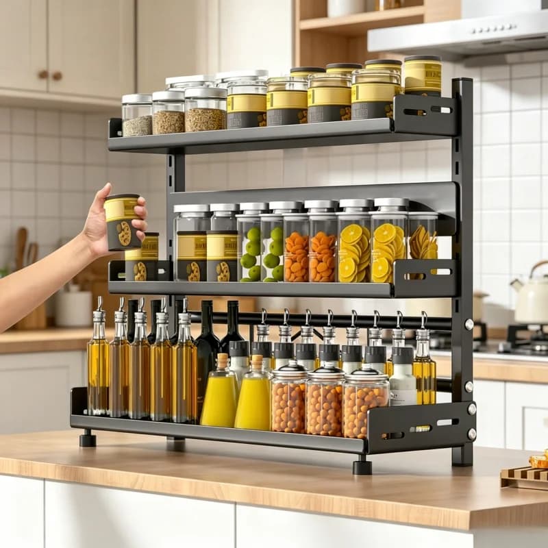3 Tier Adjustable Spice Storage Rack for Countertop, Metal Spice Organization Shelf for Cabinet Kitchen Organizer Black/Gray